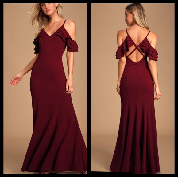Lulus Forever Smitten Burgundy Cold-Shoulder mermaid cut gown bridesmaid - Picture 1 of 16